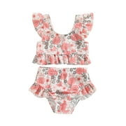 2Pcs Toddler Baby Girls Swimsuits 2 Piece Bikinis Set Print Fly Sleeve Vest Tops + Briefs 6M 9M 12M 18M 24M 3T Kids Swimwear Bathing Suit Beachwear